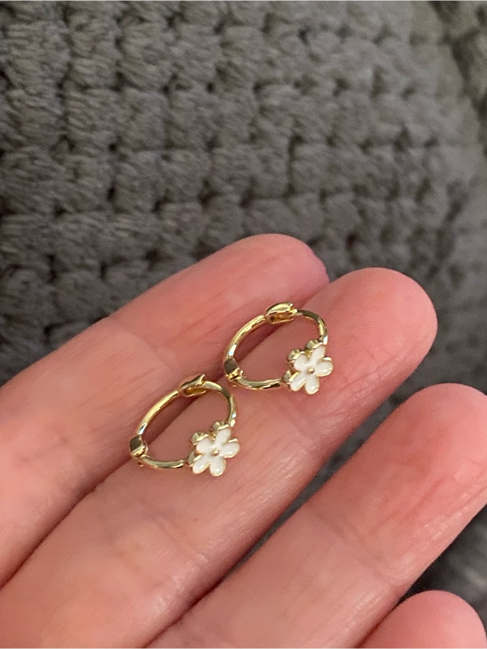 Gold Floral Hoop Earrings with White Enamel Flower